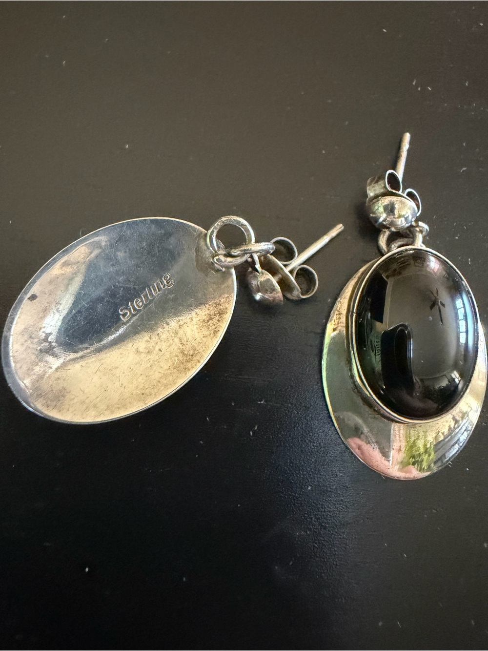Sterling Silver Black Onyx Drop Earrings - Elegant Black Oval Dangles - Picture 2 of 4